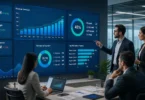 Return on Investment (ROI) analysis showing business professionals reviewing profit growth charts and financial performance metrics.