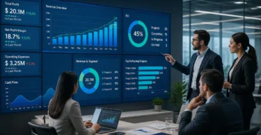Return on Investment (ROI) analysis showing business professionals reviewing profit growth charts and financial performance metrics.