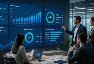 Return on Investment (ROI) analysis showing business professionals reviewing profit growth charts and financial performance metrics.