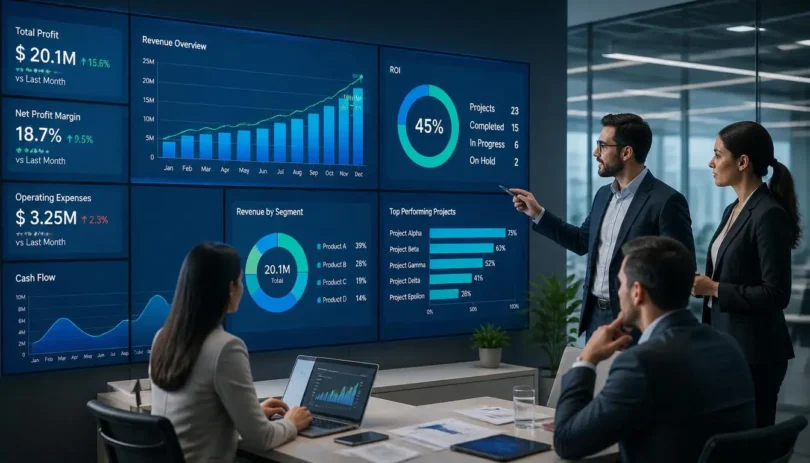 Return on Investment (ROI) analysis showing business professionals reviewing profit growth charts and financial performance metrics.