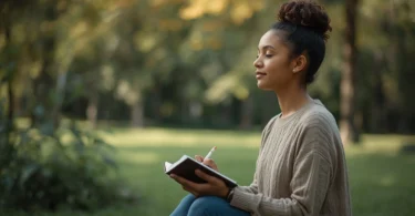 Person practicing healthy coping mechanisms through mindfulness and journaling to improve mental health and emotional well-being.