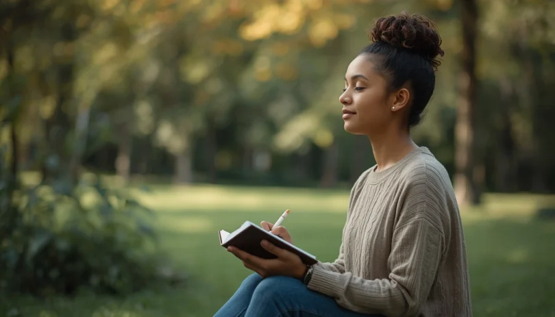 Person practicing healthy coping mechanisms through mindfulness and journaling to improve mental health and emotional well-being.