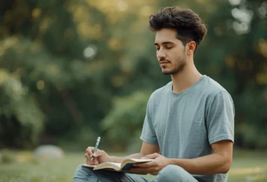 Alt Text: Person practicing healthy coping skills through mindfulness, journaling, and relaxation techniques to improve mental health and emotional resilience.