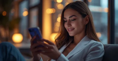 Woman using AI dating technology to improve online relationships and communication