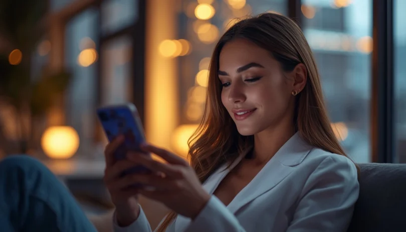 Woman using AI dating technology to improve online relationships and communication