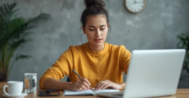 Person practicing healthy habits to reach peak energy, including exercise, hydration, proper nutrition, and focused work.