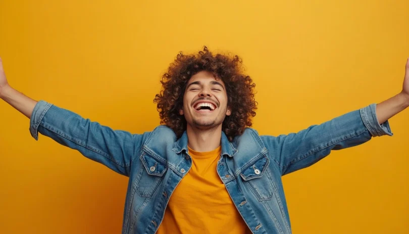 Person expressing high energy emotions through joy, gratitude, confidence, and optimism while enjoying a positive and balanced lifestyle.