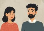 Illustration of a sad wife and distant husband showing signs of a bad husband, poor communication, emotional neglect, and marriage conflict.