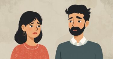 Illustration of a sad wife and distant husband showing signs of a bad husband, poor communication, emotional neglect, and marriage conflict.