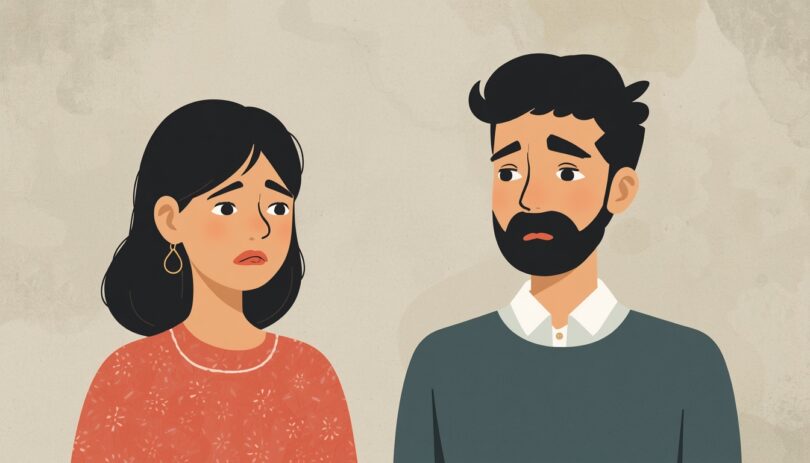 Illustration of a sad wife and distant husband showing signs of a bad husband, poor communication, emotional neglect, and marriage conflict.